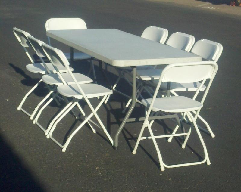 6' party table and 8 white folding chairs